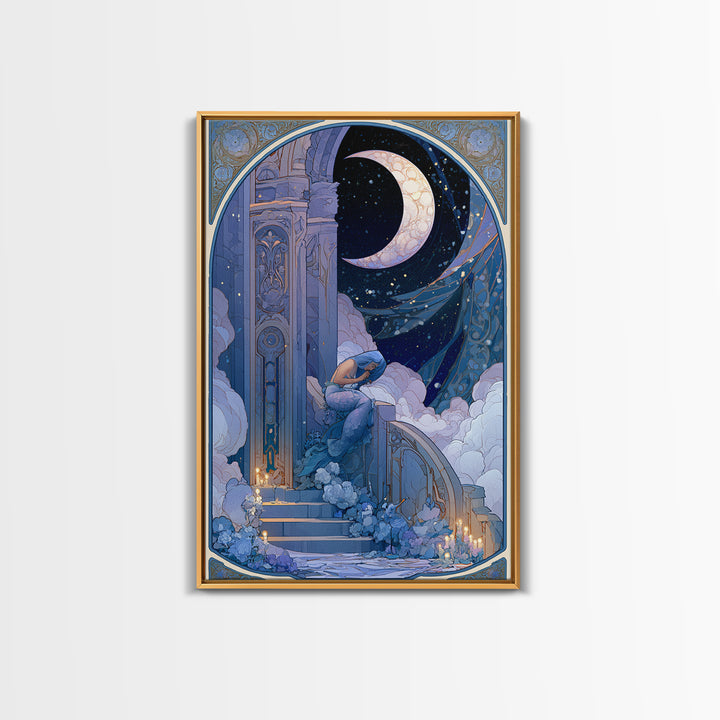 Mermaid Combing Hair Beneath a Pearl Moon Framed Canvas Print, Fairy Tale Art, Nursery Art, Living Room Decor, Storybook, FTA-2x3-68