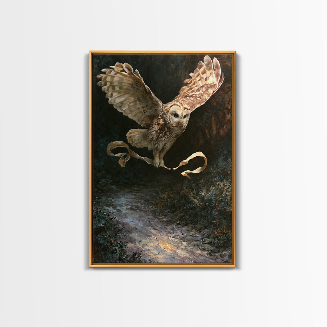 Owl Messenger Carrying a Tiny Ribbon Framed Canvas Print, Fairy Tale Art, Whimsical Art, Living Room Decor, Fine Art, Storybook, FTA-2x3-73
