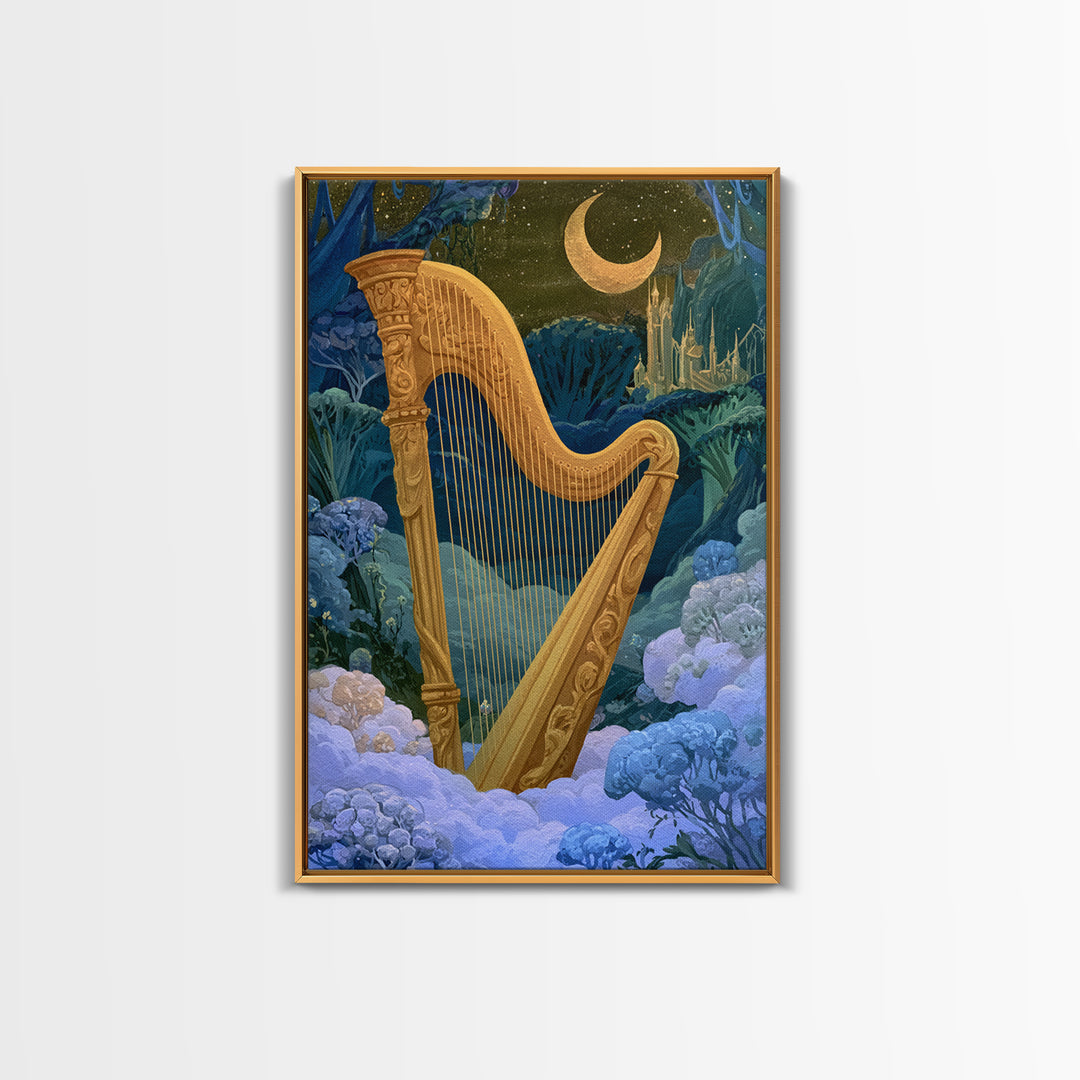 Golden Harp in a Cloud Kingdom Framed Canvas Print, Fairy Tale Art, Art Nouveau, Living Room Decor, Fine Art, Storybook, FTA-2x3-78