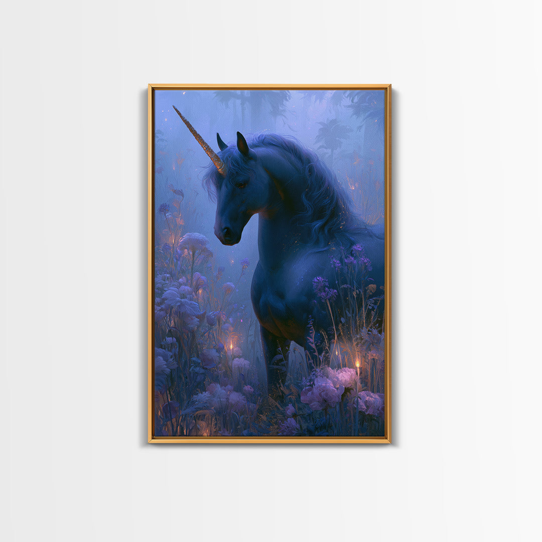 Unicorn in a Moonlit Meadow Framed Canvas Print, Fairy Tale Art, Printable Art, Living Room Decor, Oil Painting, Storybook, FTA-2x3-90