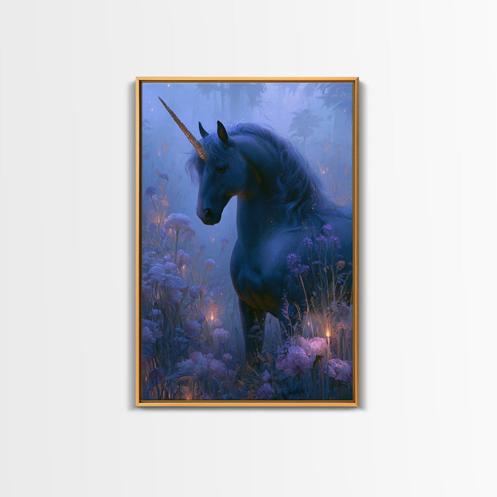 Unicorn in a Moonlit Meadow Framed Canvas Print, Fairy Tale Art, Printable Art, Living Room Decor, Oil Painting, Storybook, FTA-2x3-90