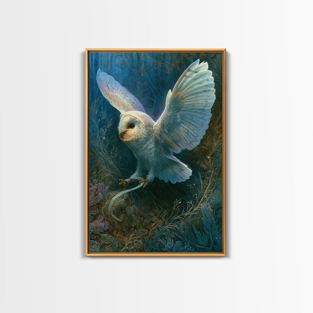 Owl Messenger Carrying a Tiny Ribbon Framed Canvas Print, Fairy Tale Art, Whimsical Art, Living Room Decor, Fine Art, Storybook, FTA-2x3-97