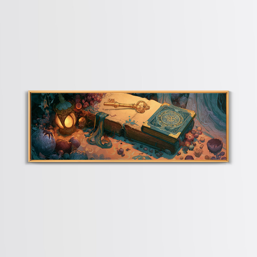 Golden Key and Enchanted Book Still Life Framed Canvas Print, Fairy Tale Art, Folk Art, Living Room Decor, Fine Art, Storybook, FTA-3x1-1
