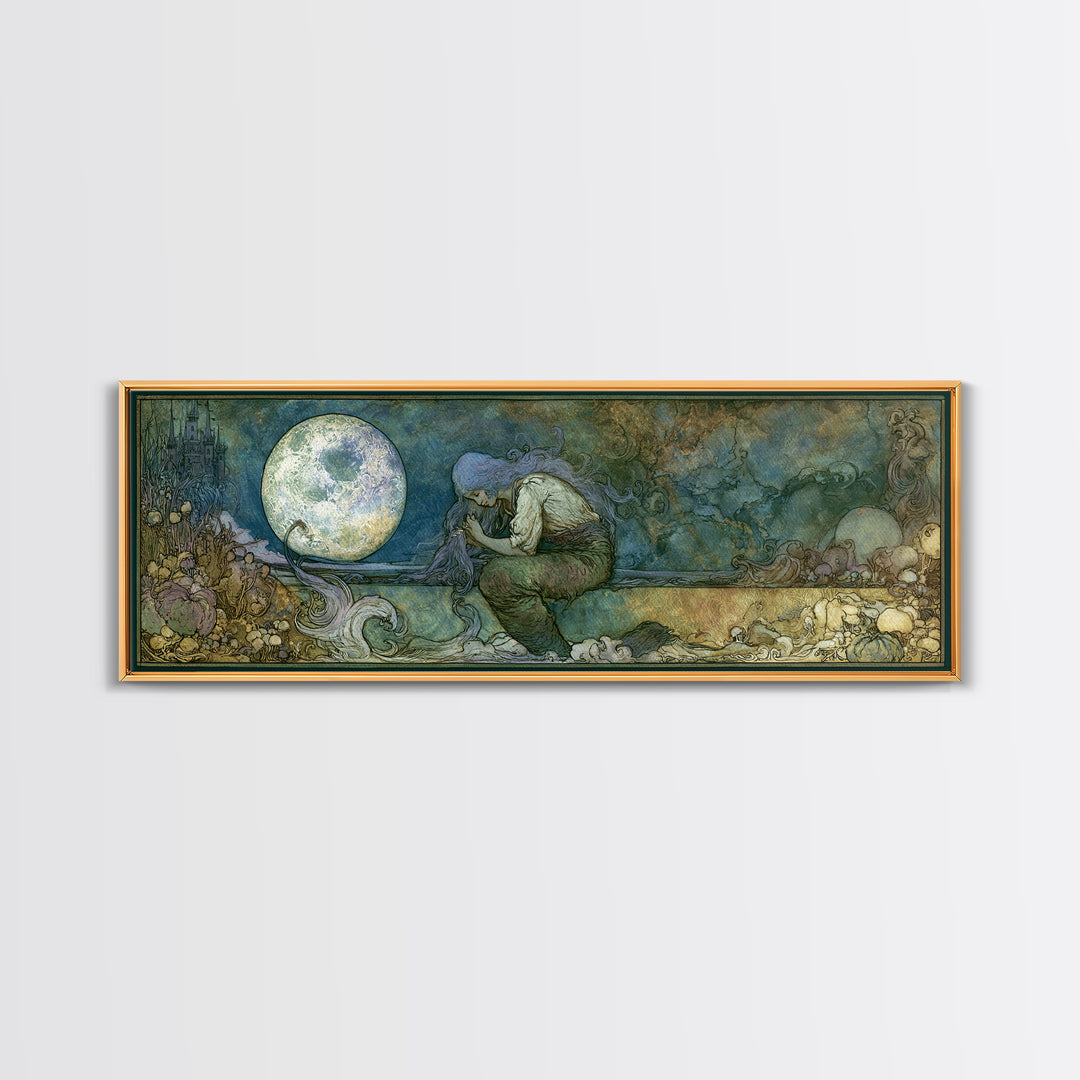 Mermaid Combing Hair Beneath a Pearl Moon Canvas Print, Fairy Tale Art, Living Room Decor, Abstract Art, Storybook, FTA-3x1-100
