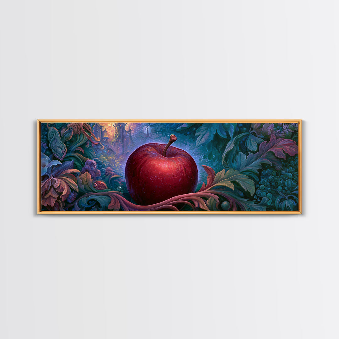 Enchanted Apple with Deep Red Shine Framed Canvas Print, Fairy Tale Art, Whimsical Wall Art, Living Room Decor, Storybook, FTA-3x1-12
