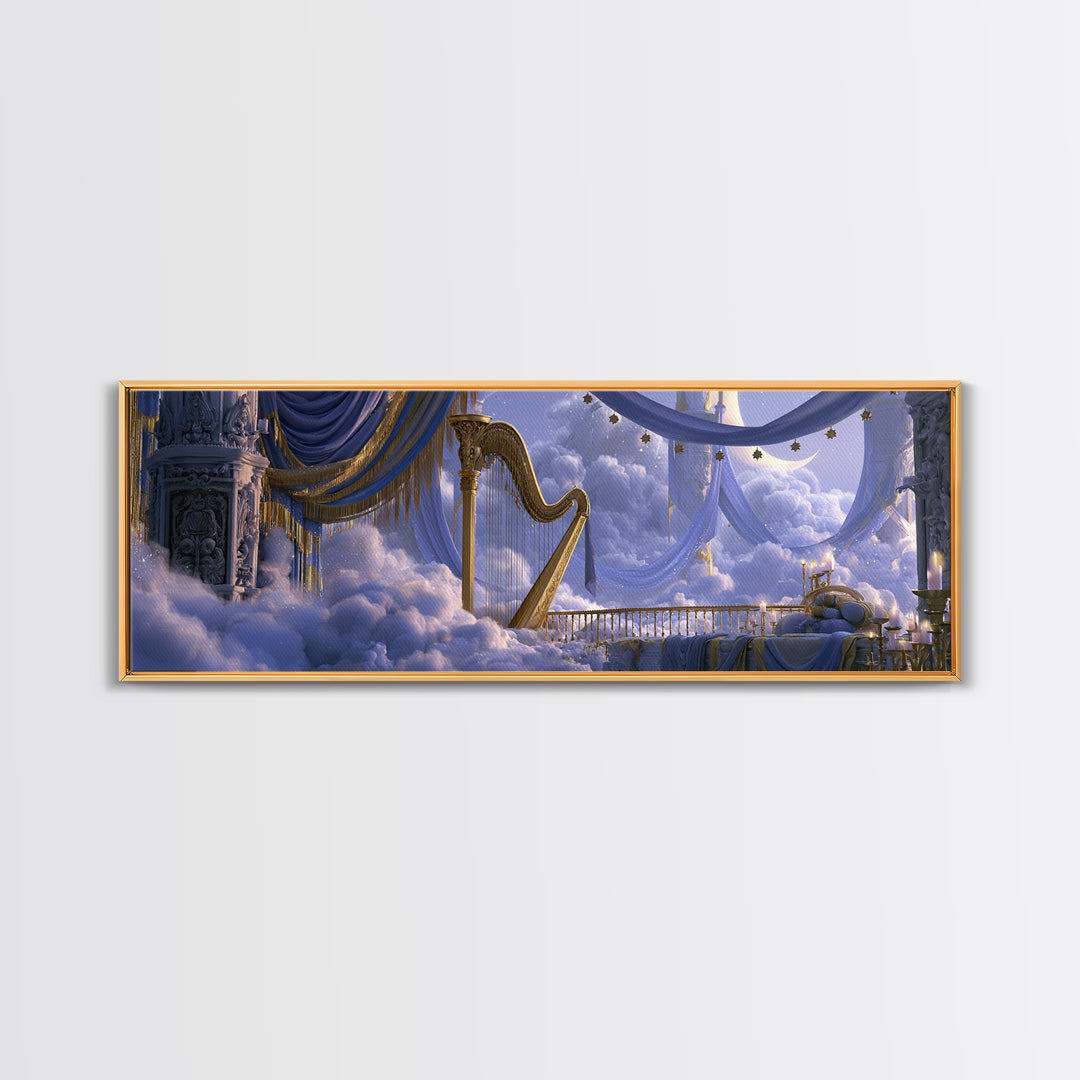 Golden Harp in a Cloud Kingdom Canvas Print, Fairy Tale Art, Modern Decor, Living Room Decor, Fine Art, Storybook, Wall Decor, FTA-3x1-14