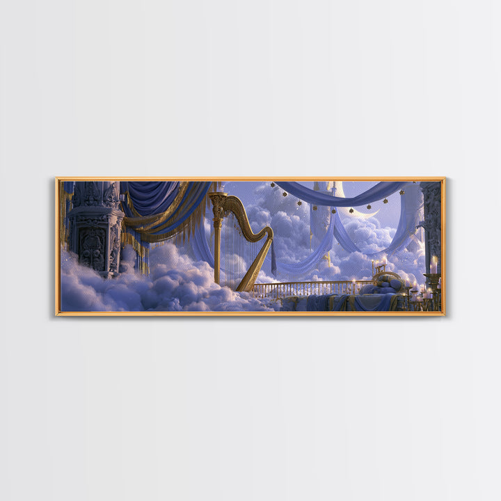 Golden Harp in a Cloud Kingdom Canvas Print, Fairy Tale Art, Modern Decor, Living Room Decor, Fine Art, Storybook, Wall Decor, FTA-3x1-14