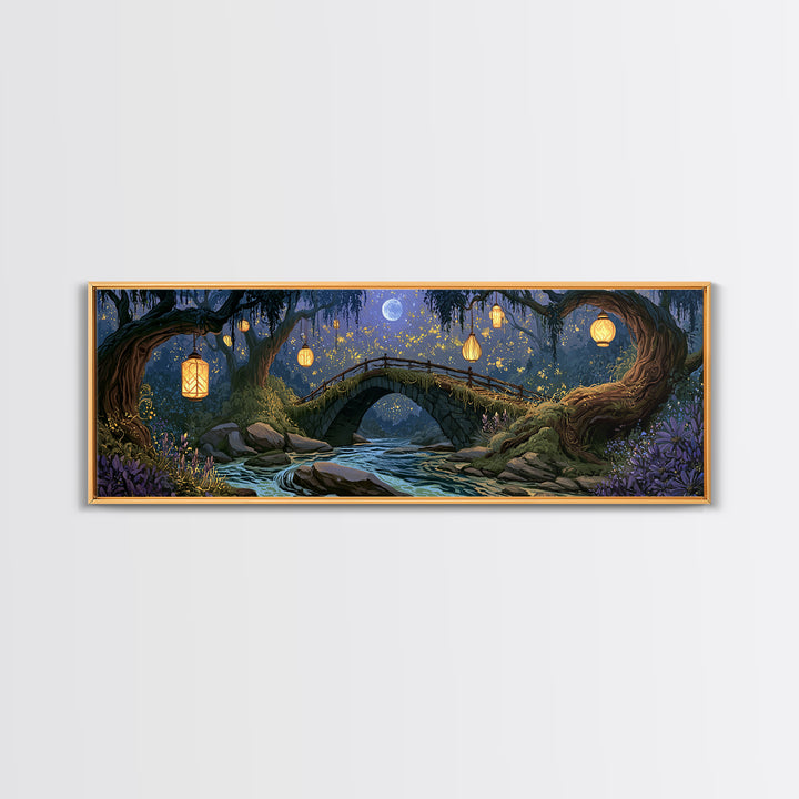 Lantern Lit Bridge Framed Canvas Print, Fairy Tale Art, Gallery Decor, Living Room Decor, Fine Art, Storybook, Wall Art, FTA-3x1-15