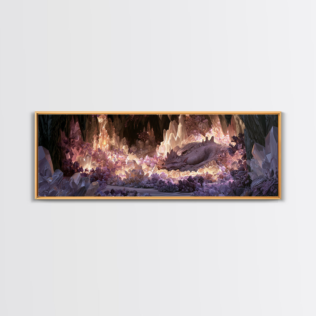 Sleeping Dragon in a Cave of Crystals Canvas Print, Fairy Tale Art, Folk Art, Living Room Decor, Fine Art, Storybook, FTA-3x1-16