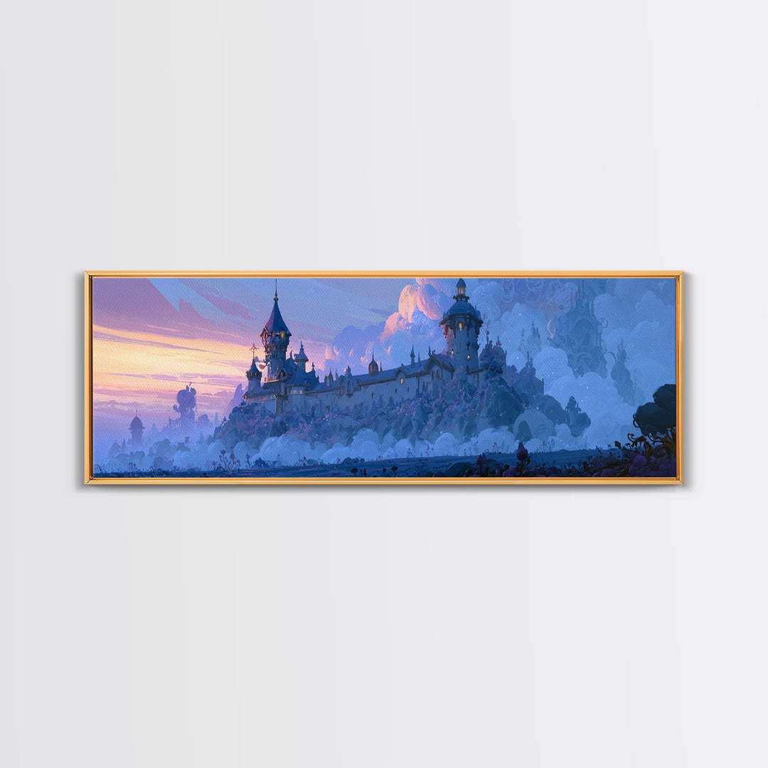 Storybook Castle on a Misty Hill Framed Canvas Print, Fairy Tale Art, Whimsical Decor, Living Room Decor, Fine Art, Storybook, FTA-3x1-18