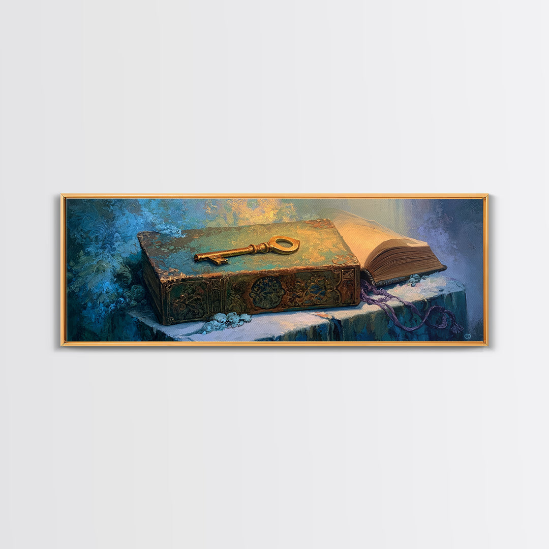 Golden Key and Enchanted Book Still Life Canvas Print, Fairy Tale Art, Kids Room Decor, Living Room Decor, Abstract Art, FTA-3x1-25