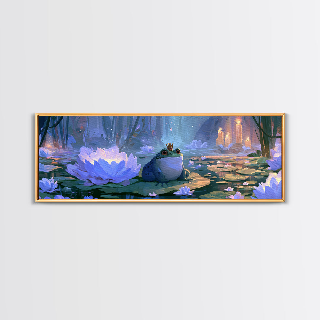Frog Prince on a Lily Pad Framed Canvas Print, Fairy Tale Art, Textured Painting, Living Room Decor, Fine Art, Storybook, FTA-3x1-27