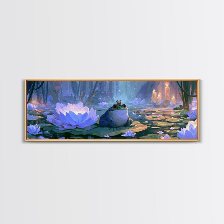 Frog Prince on a Lily Pad Framed Canvas Print, Fairy Tale Art, Textured Painting, Living Room Decor, Fine Art, Storybook, FTA-3x1-27