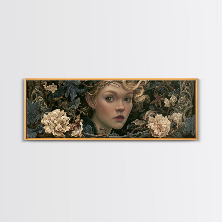 Magic Mirror Framed by Vines and Thorns Canvas Print, Fairy Tale Art, Princess Wall Art, Living Room Decor, Oil Painting, FTA-3x1-29