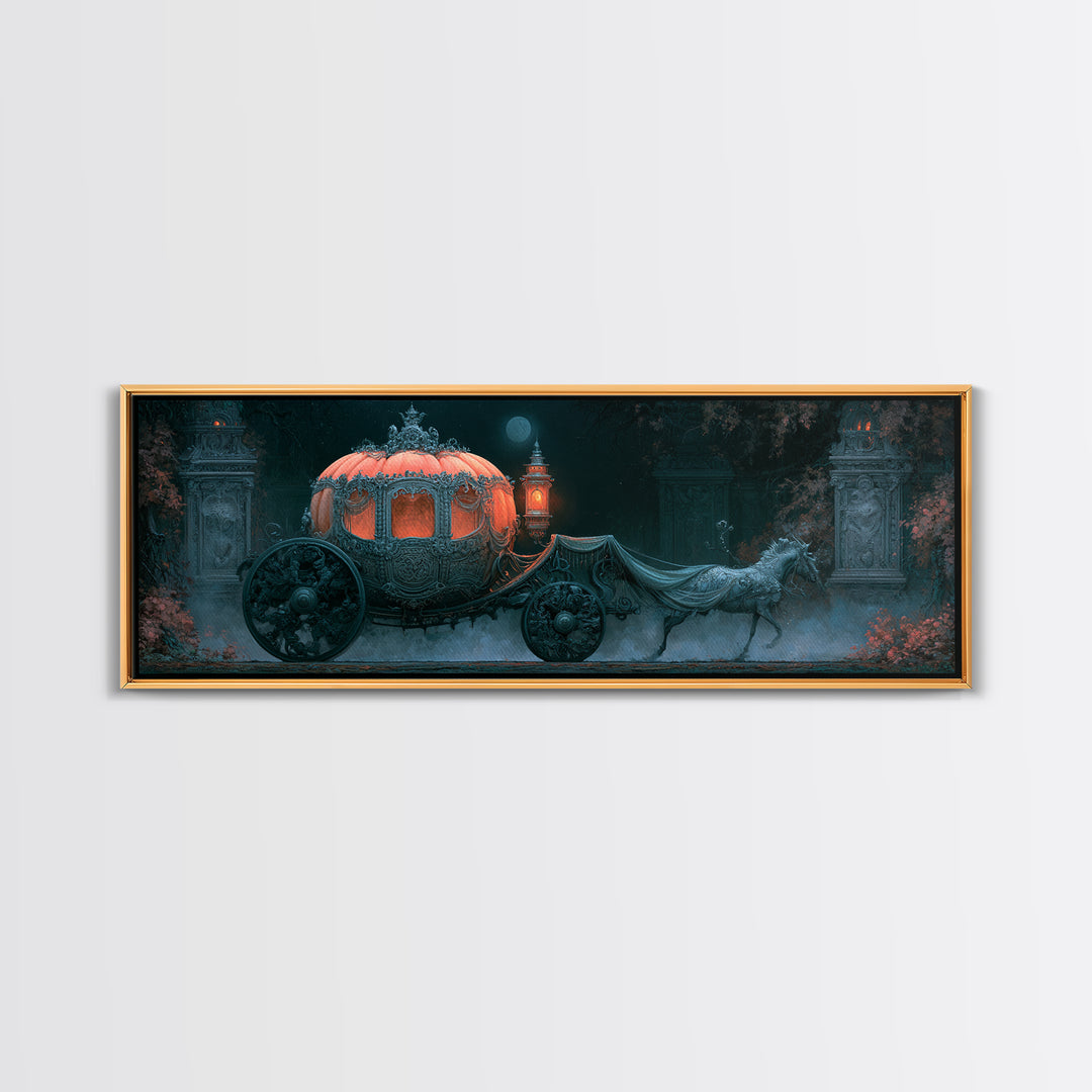 Pumpkin Carriage under Midnight Sky Framed Canvas Print, Fairy Tale Art, Art Nouveau Print, Living Room Decor, Watercolor Art, FTA-3x1-32