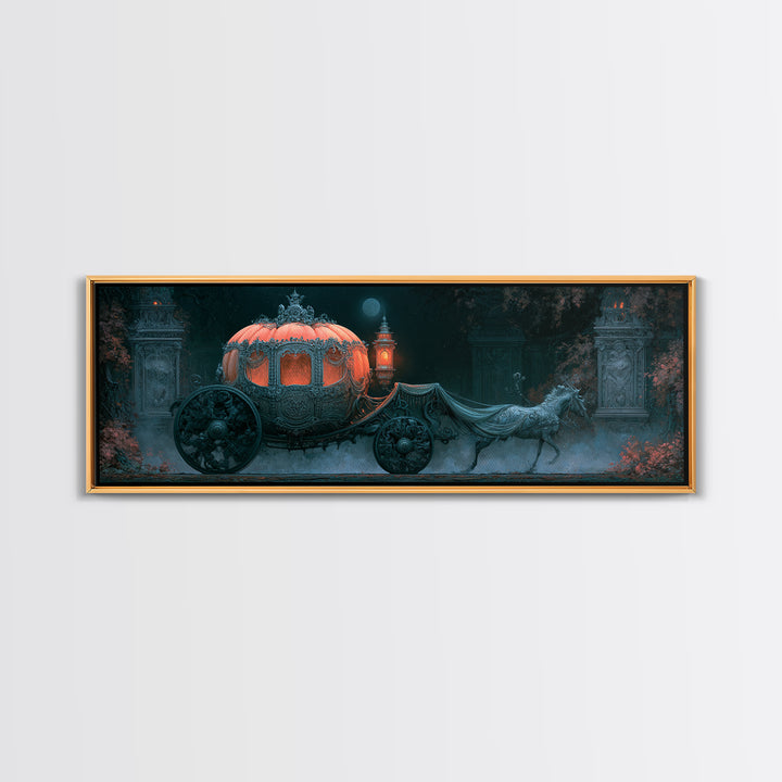 Pumpkin Carriage under Midnight Sky Framed Canvas Print, Fairy Tale Art, Art Nouveau Print, Living Room Decor, Watercolor Art, FTA-3x1-32