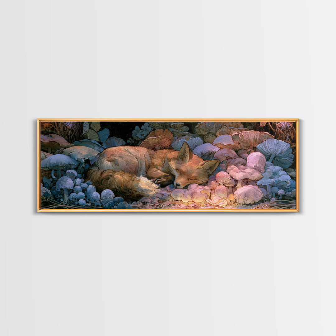 Sleeping Fox Beside a Magical Mushroom Ring Canvas Print, Fairy Tale Art, Printable Wall Art, Living Room Decor, Storybook, FTA-3x1-43