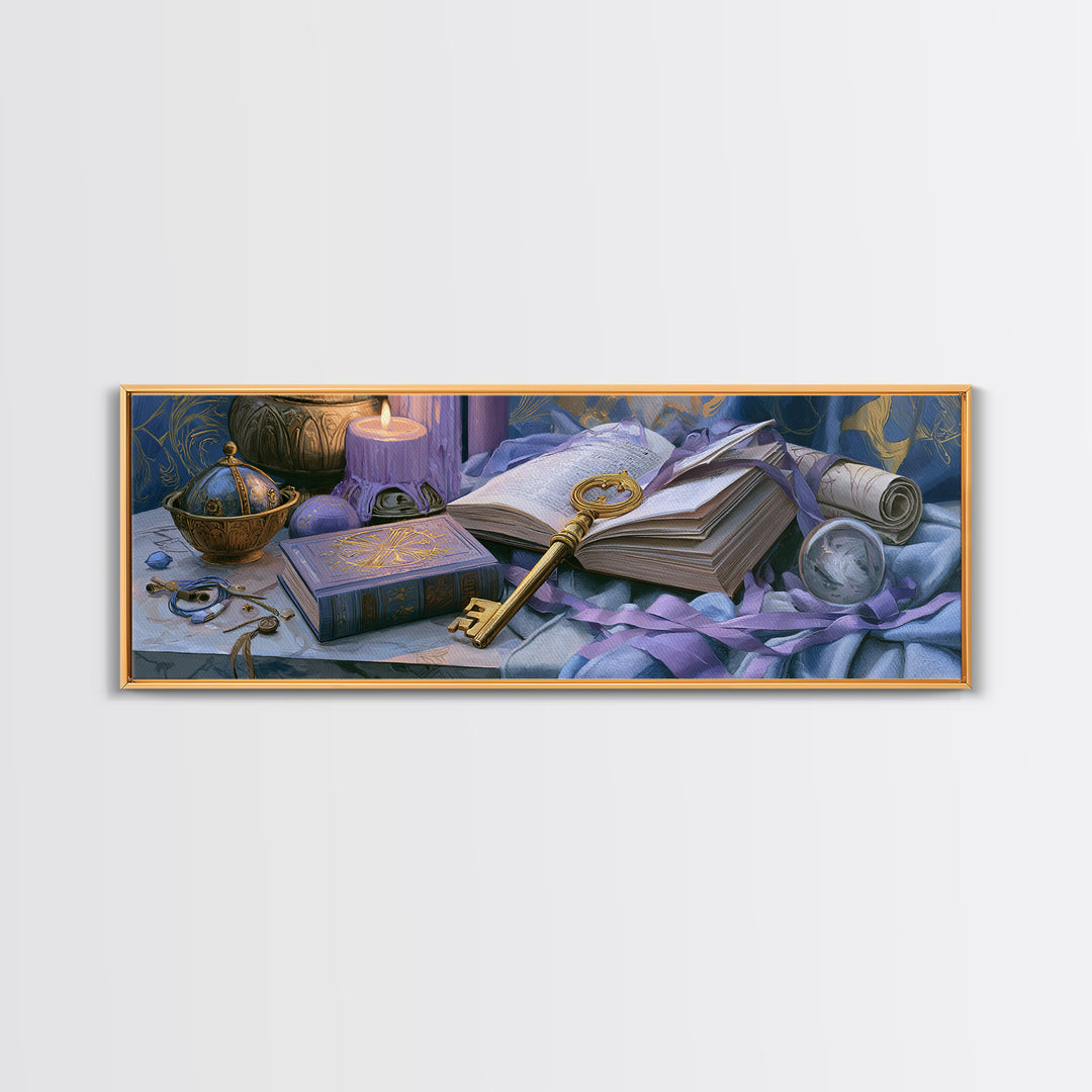 Golden Key and Enchanted Book Still Life Canvas Print, Fairy Tale Art, Kids Room Decor, Living Room Decor, Abstract Art, FTA-3x1-49