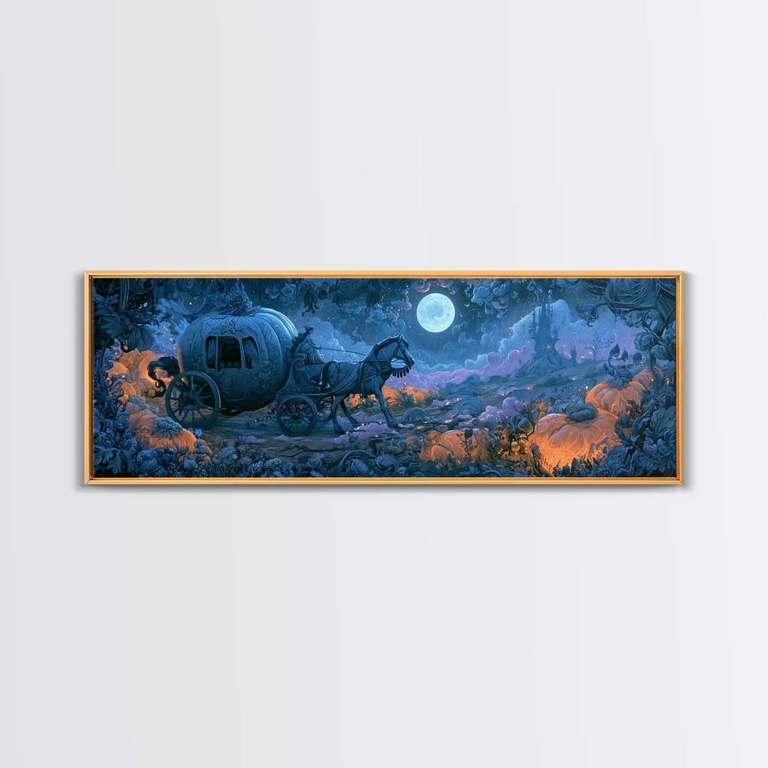 Pumpkin Carriage under Midnight Sky Framed Canvas Print, Fairy Tale Art, Minimalist Decor, Living Room Decor, Storybook, FTA-3x1-56