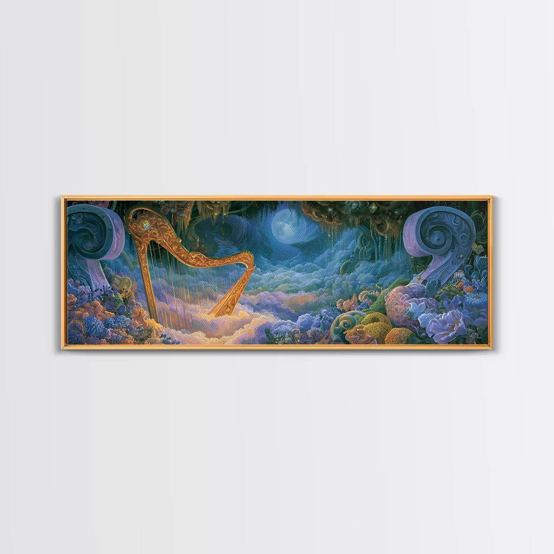 Golden Harp in a Cloud Kingdom Canvas Print, Fairy Tale Art, Boho Decor, Living Room Decor, Oil Painting, Storybook, Art Print, FTA-3x1-62