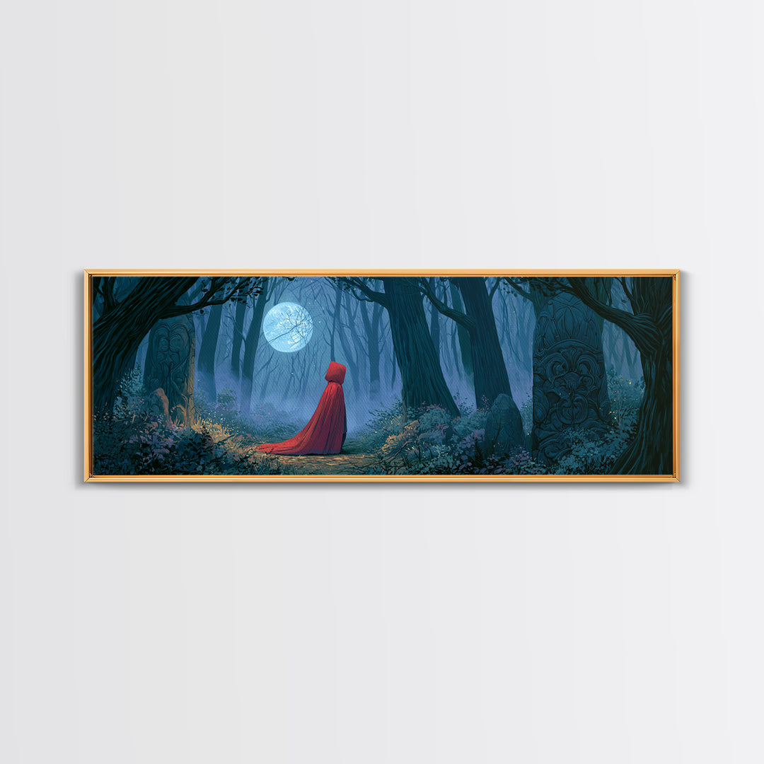Red Cloak Figure Walking Through Dark Woods Framed Canvas Print, Fairy Tale Art, Wall Decor, Living Room Decor, Storybook, FTA-3x1-72