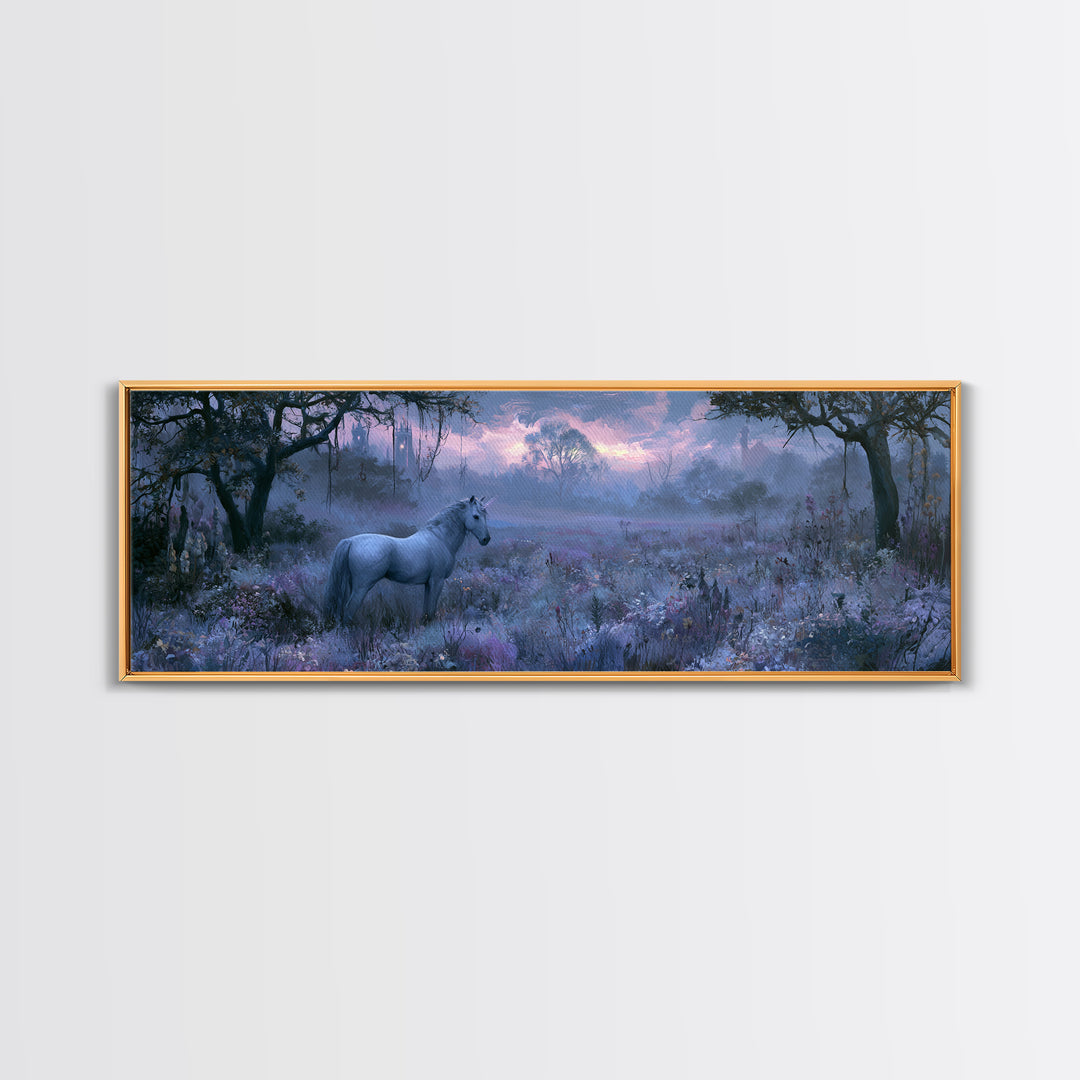 Unicorn in a Moonlit Meadow Framed Canvas Print, Fairy Tale Art, Princess Wall Art, Living Room Decor, Fine Art, Storybook, FTA-3x1-74