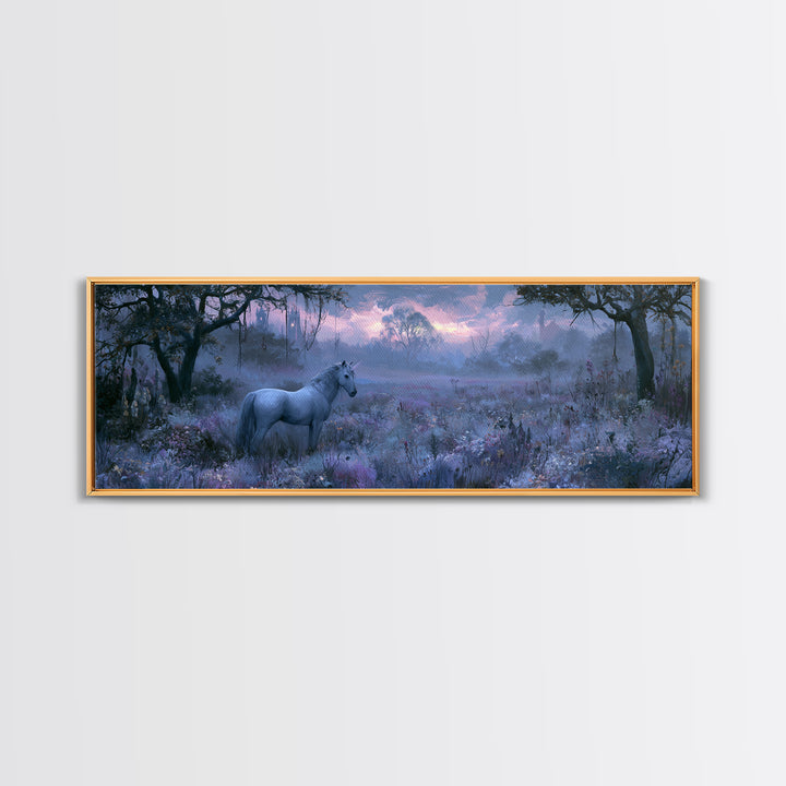 Unicorn in a Moonlit Meadow Framed Canvas Print, Fairy Tale Art, Princess Wall Art, Living Room Decor, Fine Art, Storybook, FTA-3x1-74