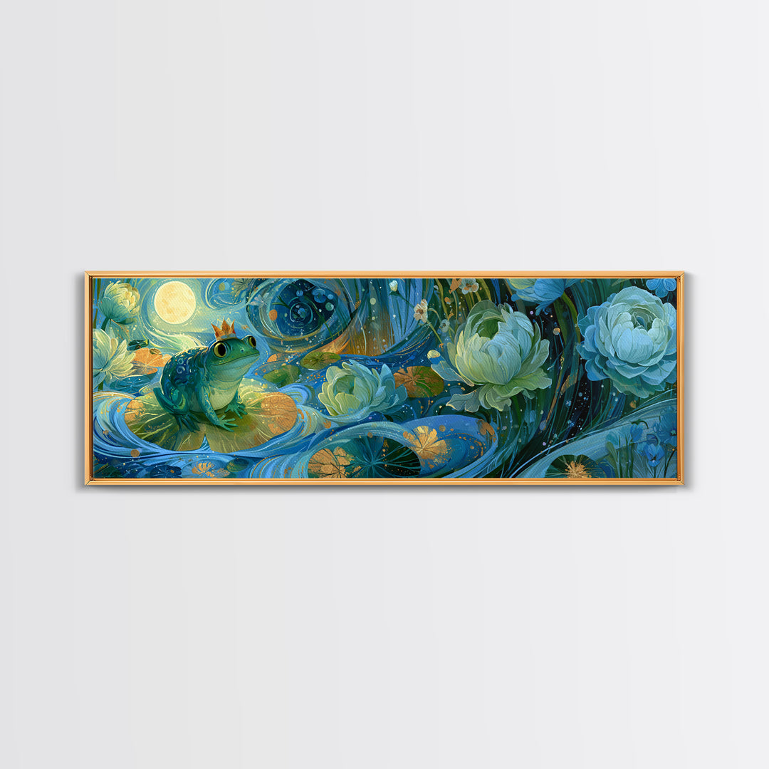 Frog Prince on a Lily Pad Canvas Print, Fairy Tale Art, Whimsical Decor, Living Room Decor, Storybook, Kids Room Decor, FTA-3x1-75