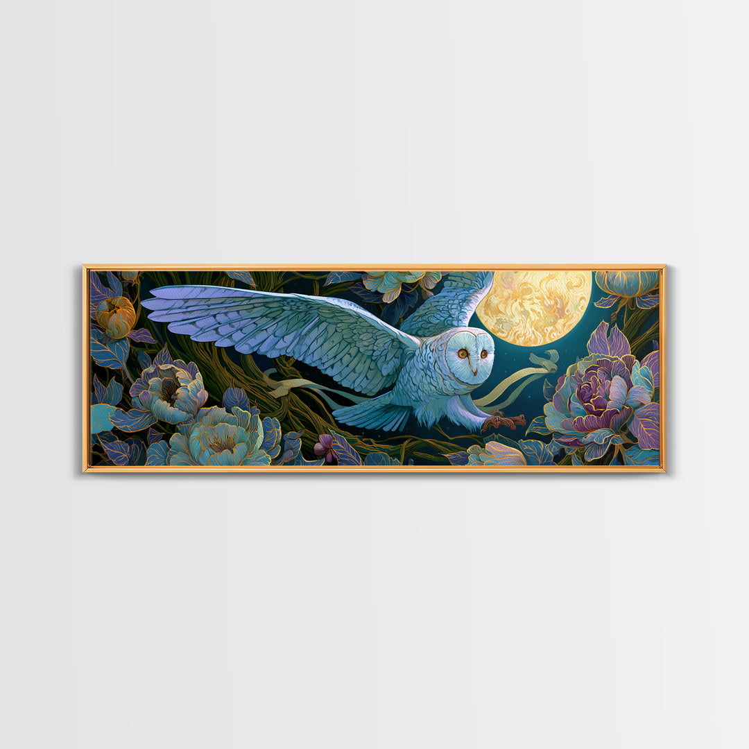 Owl Messenger Carrying a Tiny Ribbon Framed Canvas Print, Fairy Tale Art, Fairy Art, Living Room Decor, Fine Art, Storybook, FTA-3x1-81