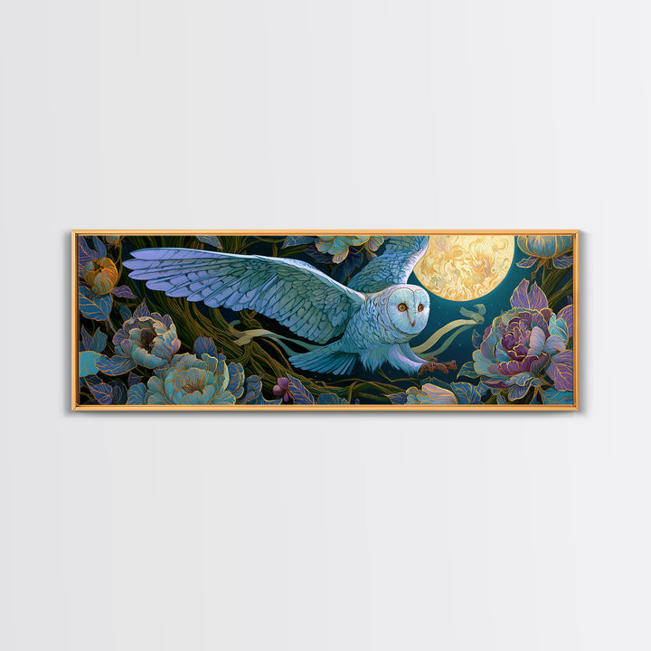 Owl Messenger Carrying a Tiny Ribbon Framed Canvas Print, Fairy Tale Art, Fairy Art, Living Room Decor, Fine Art, Storybook, FTA-3x1-81