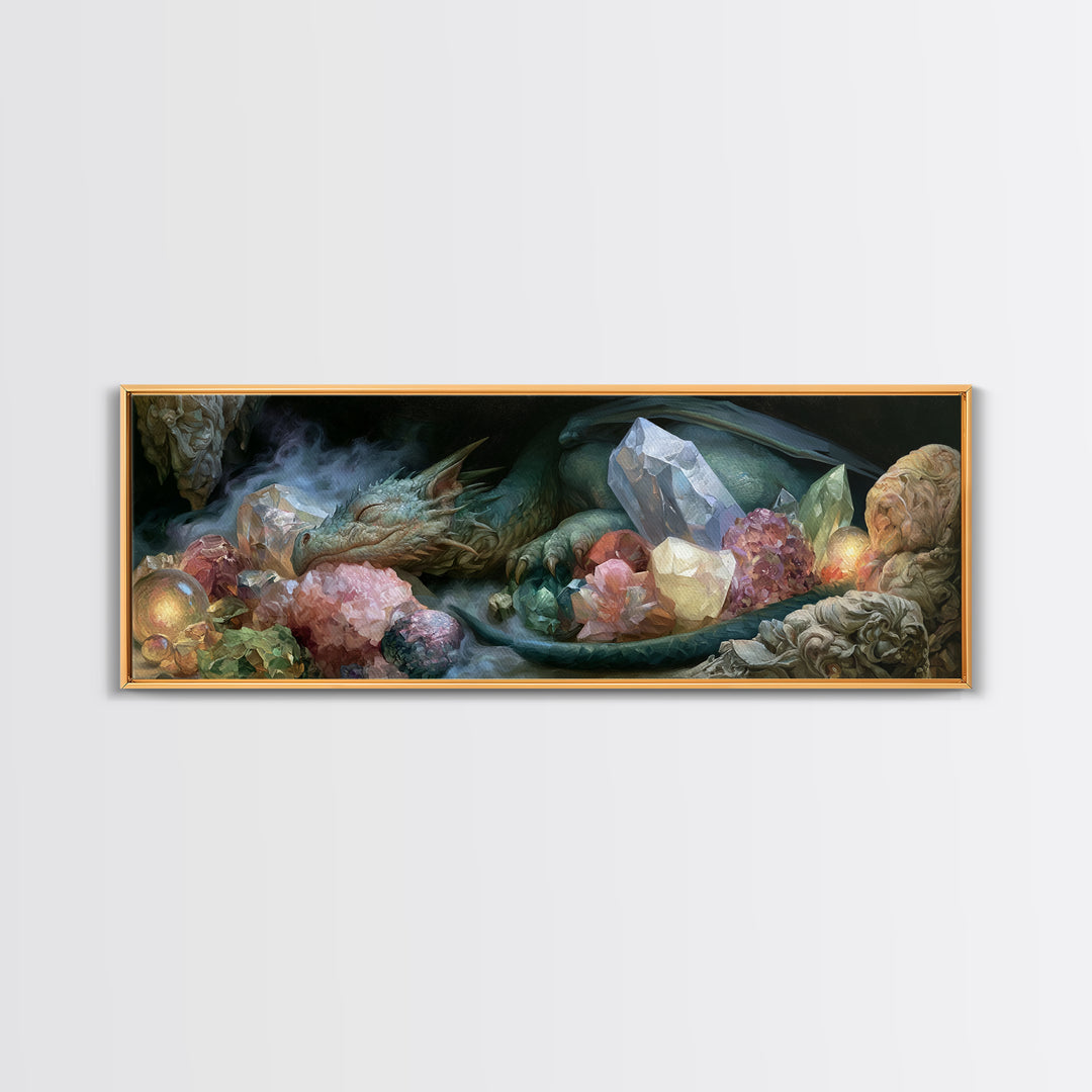 Sleeping Dragon in a Cave of Crystals Canvas Print, Fairy Tale Art, Wall Art, Living Room Decor, Oil Painting, Storybook, FTA-3x1-88