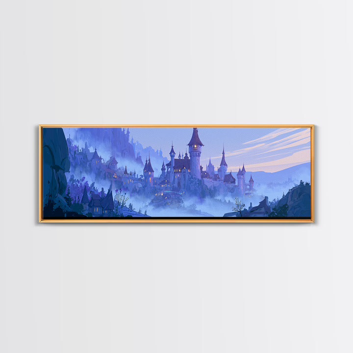 Storybook Castle on a Misty Hill Framed Canvas Print, Fairy Tale Art, Whimsical Wall Art, Living Room Decor, Storybook, FTA-3x1-90