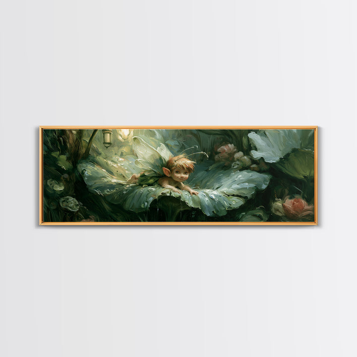 Tiny Fairy Resting on a Dew Covered Canvas Print, Fairy Tale Art, Art Deco, Living Room Decor, Storybook, Whimsical Art, FTA-3x1-95