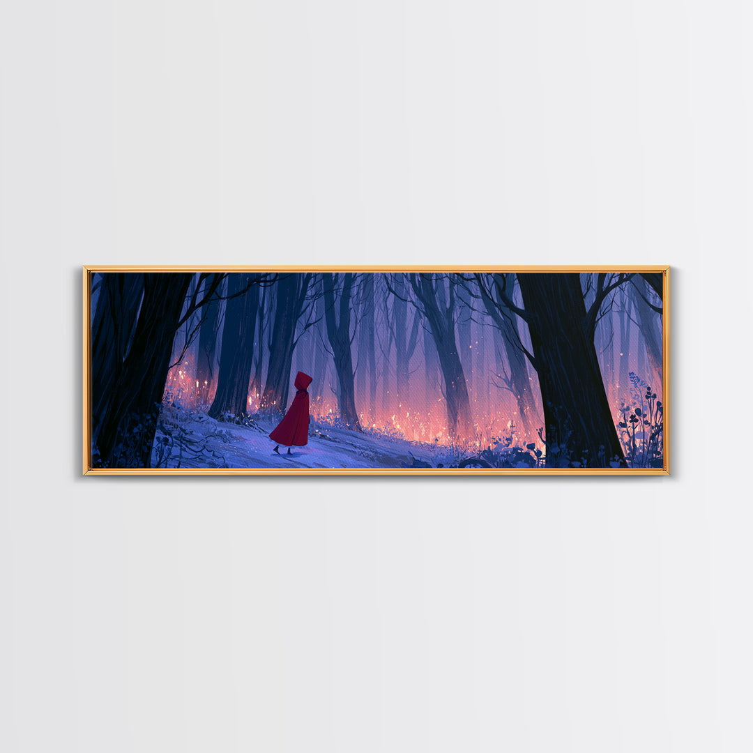 Red Cloak Figure Walking Through Dark Woods Canvas Print, Fairy Tale Art, Textured Painting, Living Room Decor, Storybook, FTA-3x1-96