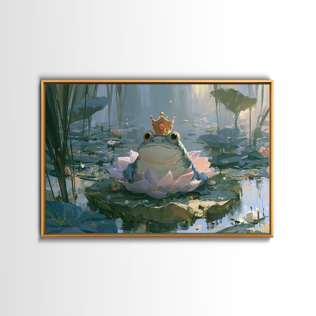 Frog Prince on a Lily Pad Framed Canvas Print, Fairy Tale Art, Whimsical Art, Living Room Decor, Fine Art, Storybook, FTA-3x2-15