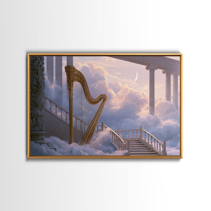 Golden Harp in a Cloud Kingdom Framed Canvas Print, Fairy Tale Art, Art Nouveau, Living Room Decor, Fine Art, Storybook, FTA-3x2-2