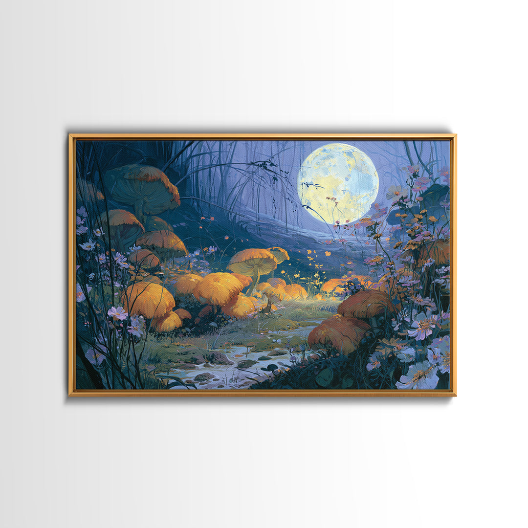 Fairy Ring of Mushrooms and Wildflowers Framed Canvas Print, Fairy Tale Art, Kids Room Decor, Living Room Decor, Storybook, FTA-3x2-25