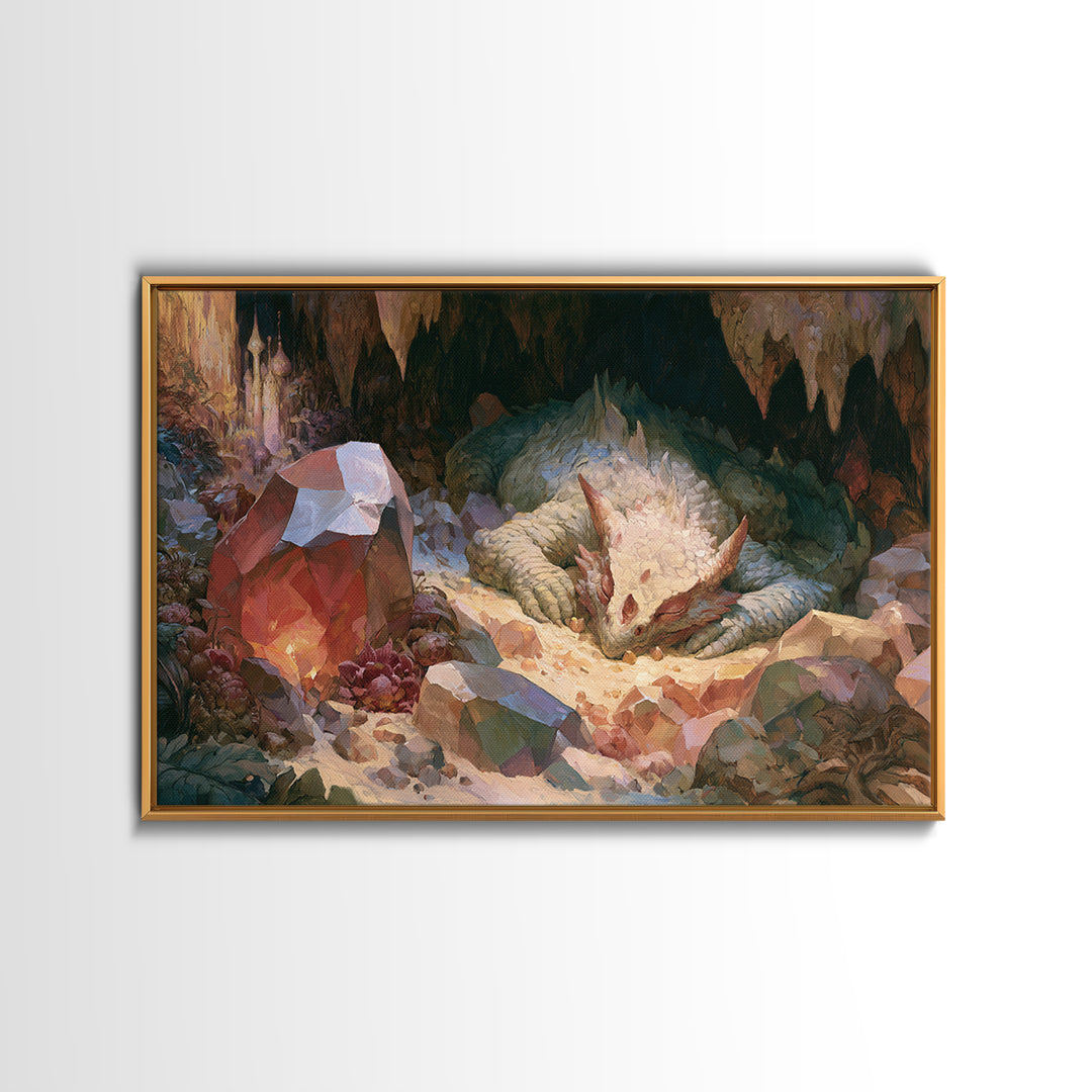 Sleeping Dragon in a Cave of Crystals Canvas Print, Fairy Tale Art, Boho Wall Art, Living Room Decor, Oil Painting, Storybook, FTA-3x2-4