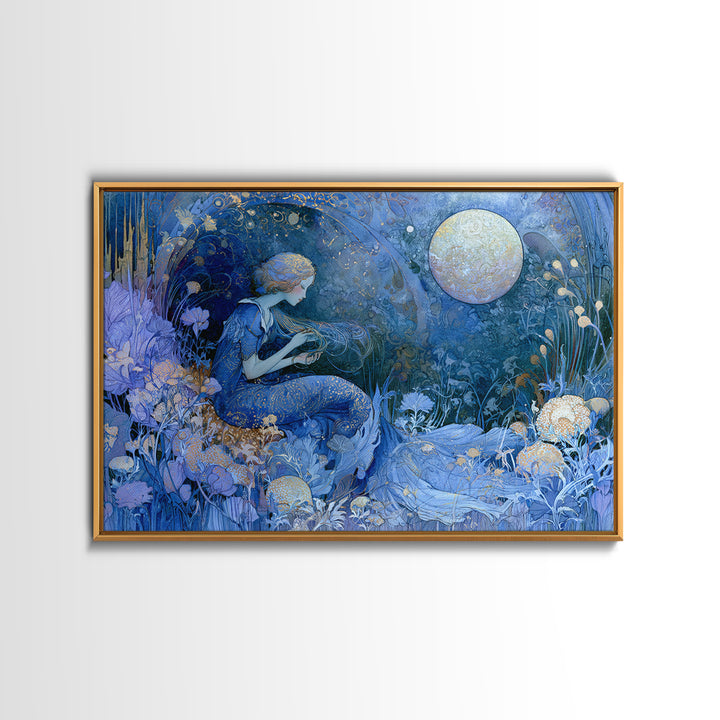Mermaid Combing Hair Beneath a Pearl Moon Framed Canvas Print, Fairy Tale Art, Fantasy Art, Living Room Decor, Oil Painting, FTA-3x2-40
