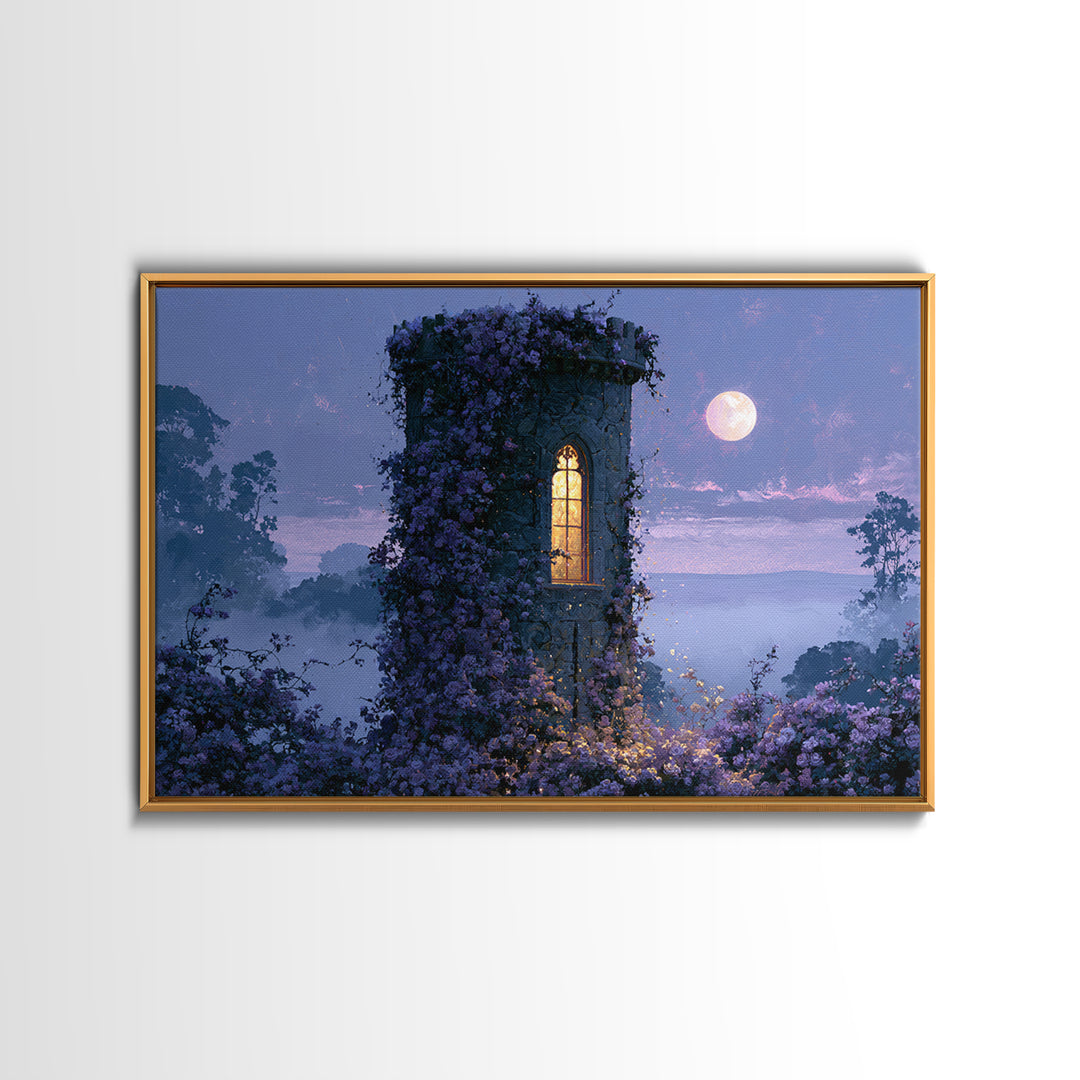 Rose Covered Tower Framed Canvas Print, Fairy Tale Art, Folk Art, Living Room Decor, Fine Art, Storybook, Modern Decor, FTA-3x2-46