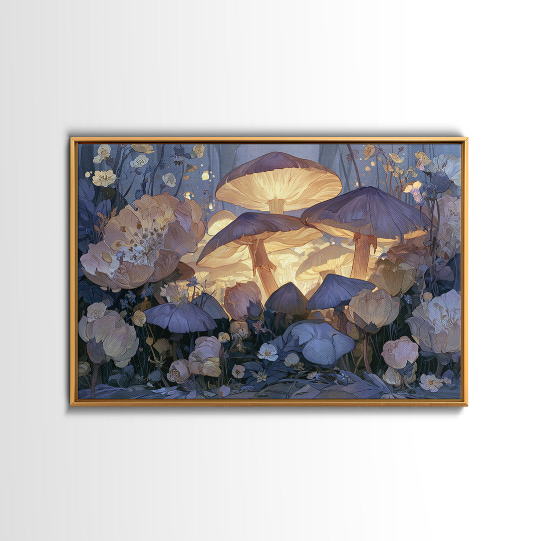 Fairy Ring of Mushrooms and Wildflowers Canvas Print, Fairy Tale Art, Neutral Decor, Living Room Decor, Oil Painting, Storybook, FTA-3x2-49