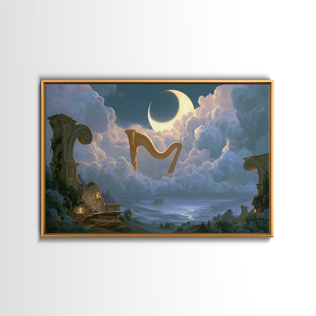 Golden Harp in a Cloud Kingdom Framed Canvas Print, Fairy Tale Art, Princess Wall Art, Living Room Decor, Oil Painting, FTA-3x2-50