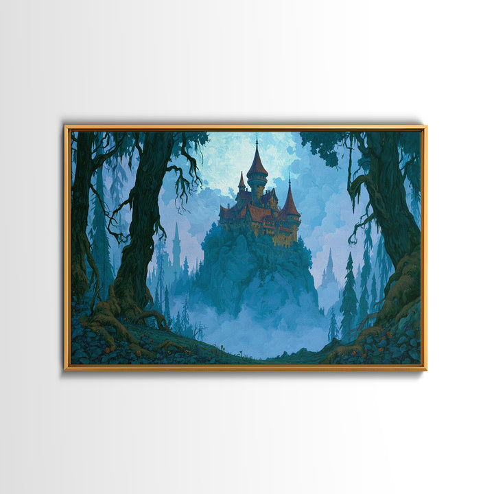 Storybook Castle on a Misty Hill Canvas Print, Fairy Tale Art, Dark Art, Living Room Decor, Storybook, Statement Artwork, FTA-3x2-54