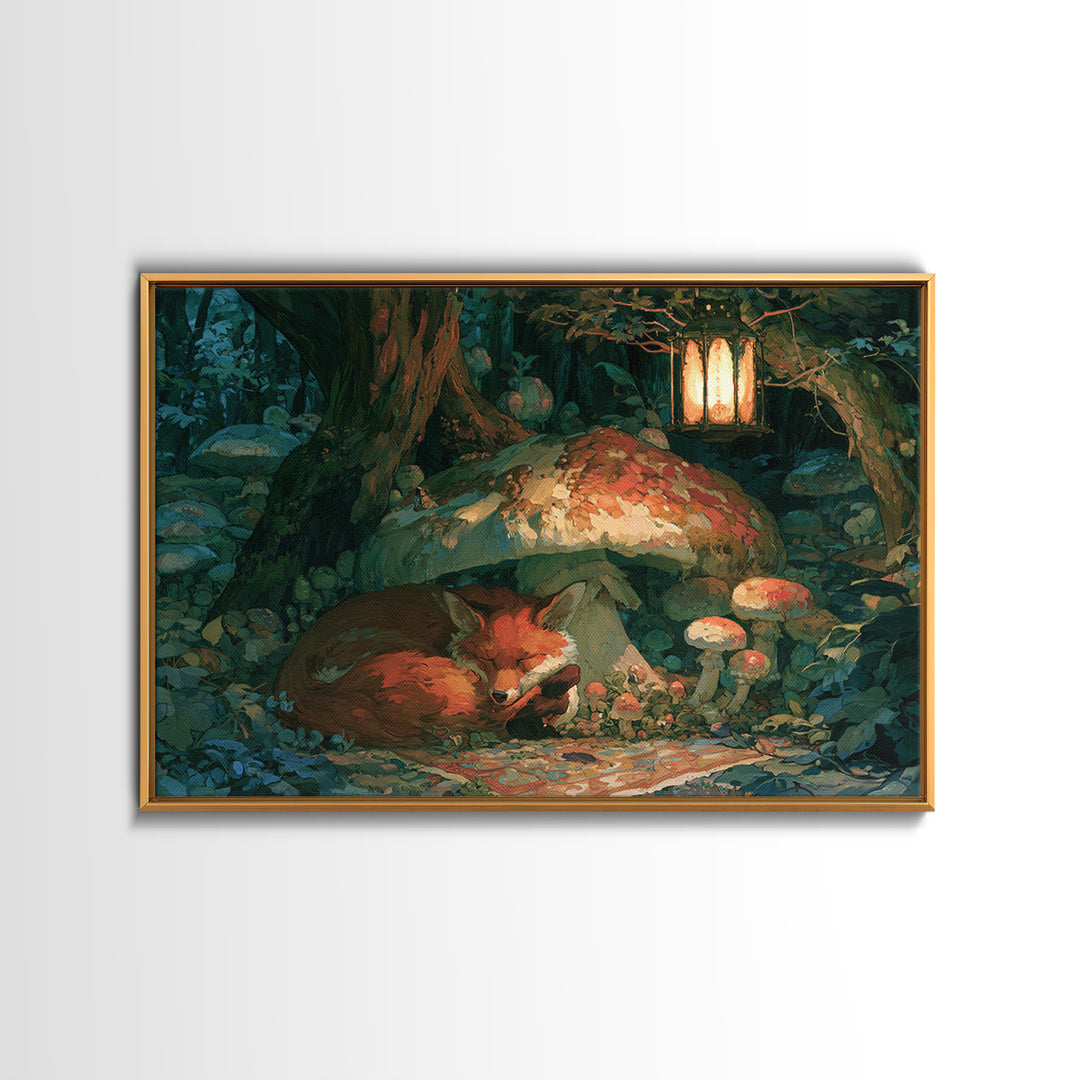 Sleeping Fox Beside a Magical Mushroom Ring Canvas Print, Fairy Tale Art, Boho Wall Art, Living Room Decor, Storybook, FTA-3x2-55