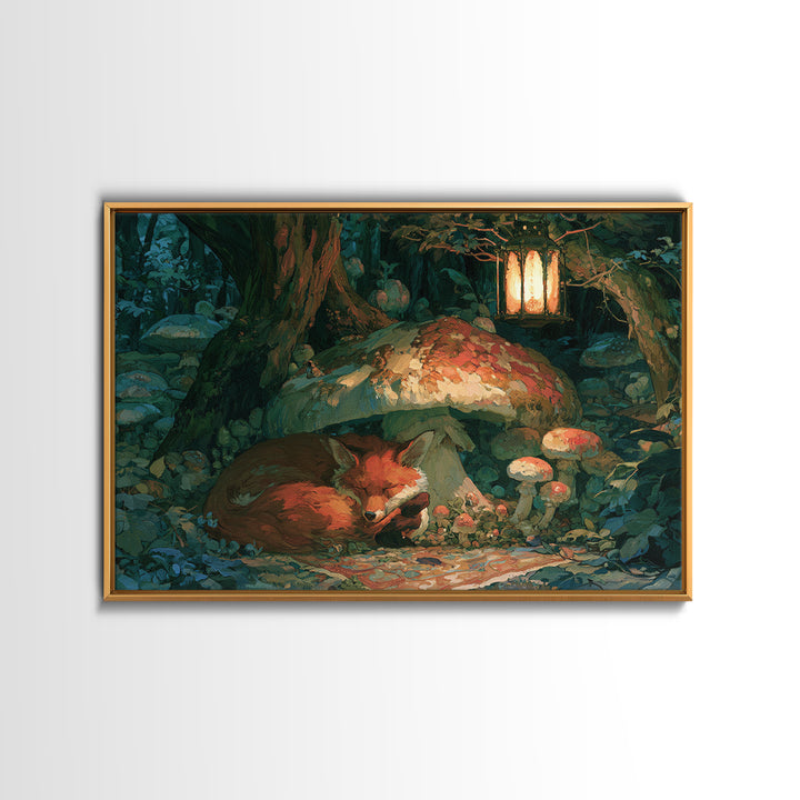 Sleeping Fox Beside a Magical Mushroom Ring Canvas Print, Fairy Tale Art, Boho Wall Art, Living Room Decor, Storybook, FTA-3x2-55
