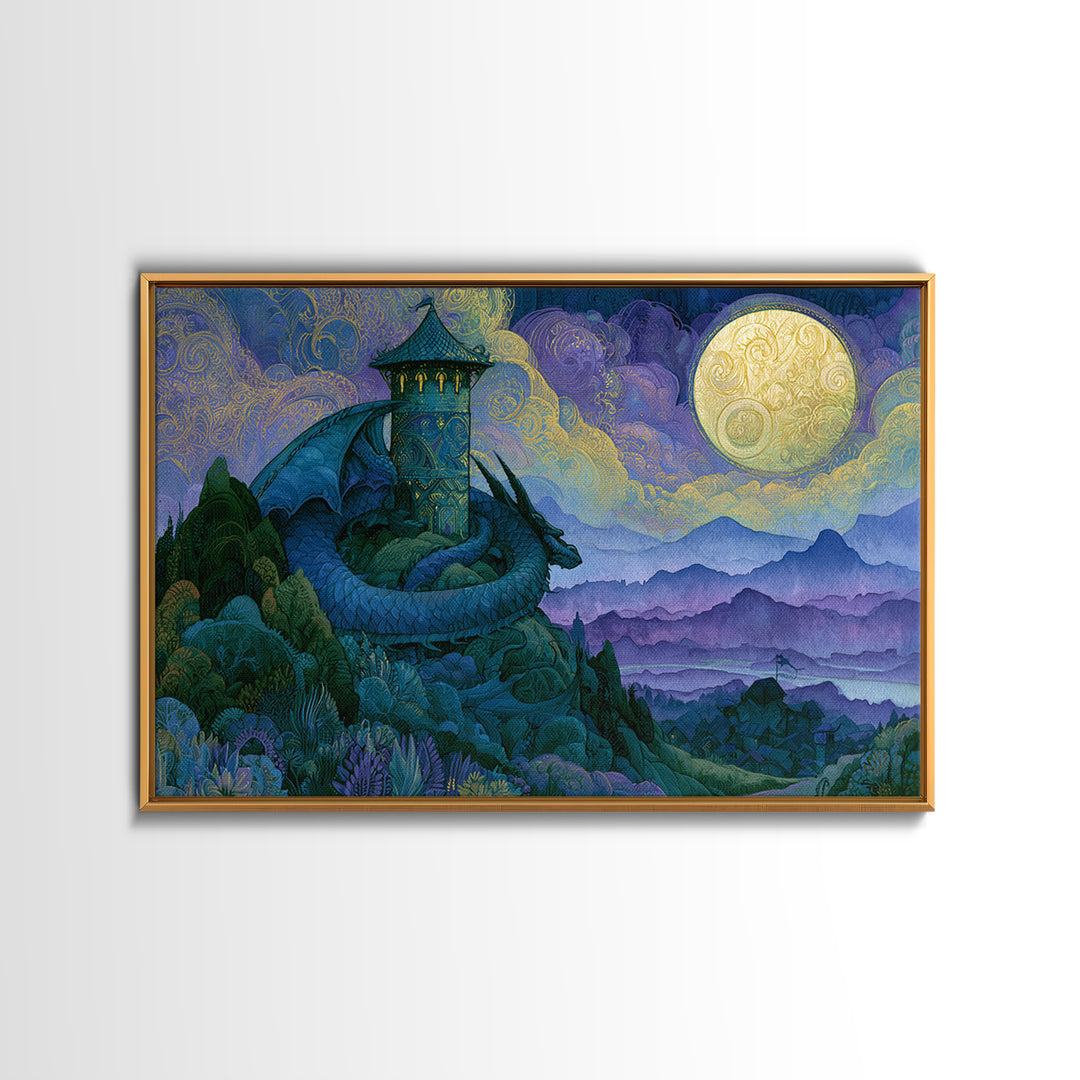 Dragon Curled Around a Jeweled Tower Canvas Print, Fairy Tale Art, Fairy Art, Living Room Decor, Fine Art, Storybook, FTA-3x2-57