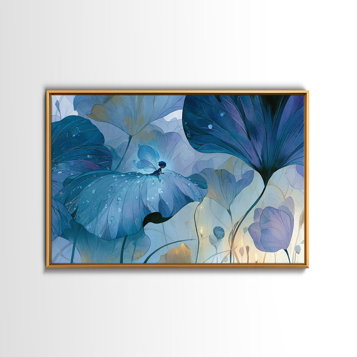 Tiny Fairy Resting on a Dew Covered Framed Canvas Print, Fairy Tale Art, Art Deco, Living Room Decor, Fine Art, Storybook, FTA-3x2-59