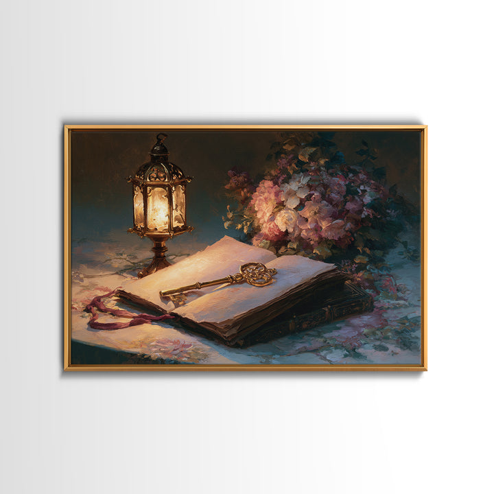 Golden Key and Enchanted Book Still Life Canvas Print, Fairy Tale Art, Fantasy Art, Living Room Decor, Oil Painting, Storybook, FTA-3x2-61