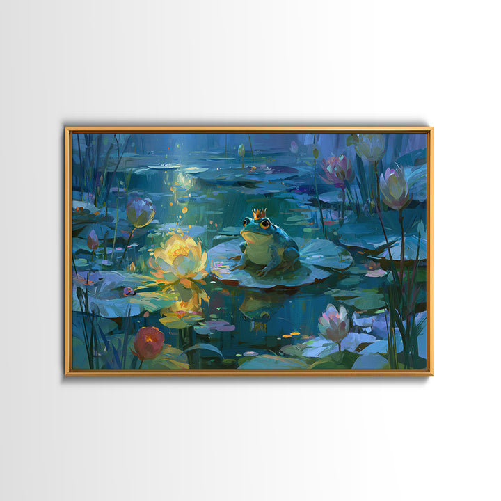 Frog Prince on a Lily Pad Framed Canvas Print, Fairy Tale Art, Dark Art, Living Room Decor, Storybook, Statement Artwork, FTA-3x2-63