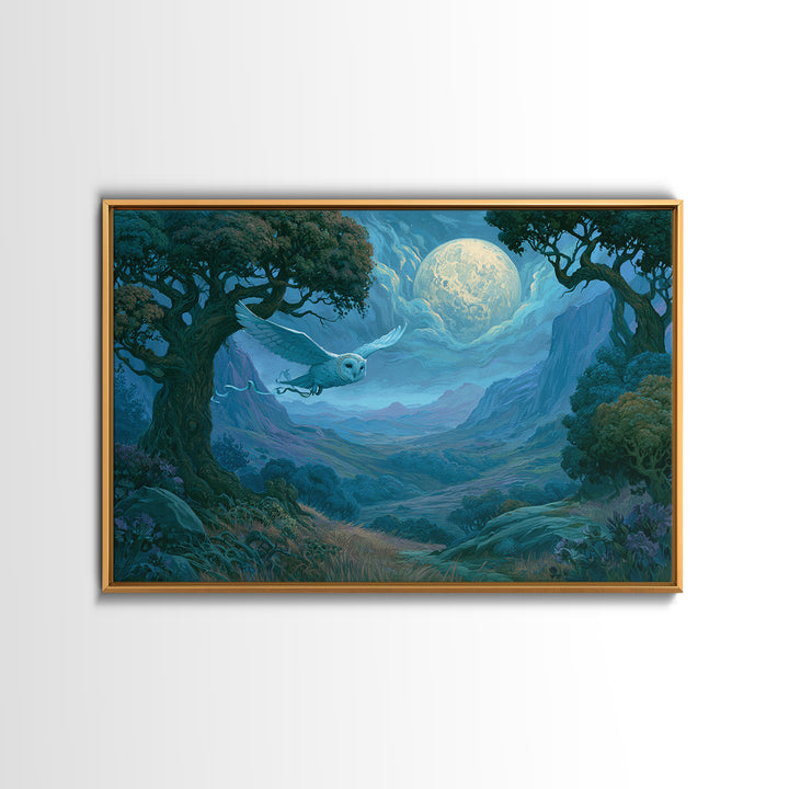 Owl Messenger Carrying a Tiny Ribbon Framed Canvas Print, Fairy Tale Art, Gallery Decor, Living Room Decor, Fine Art, Storybook, FTA-3x2-69